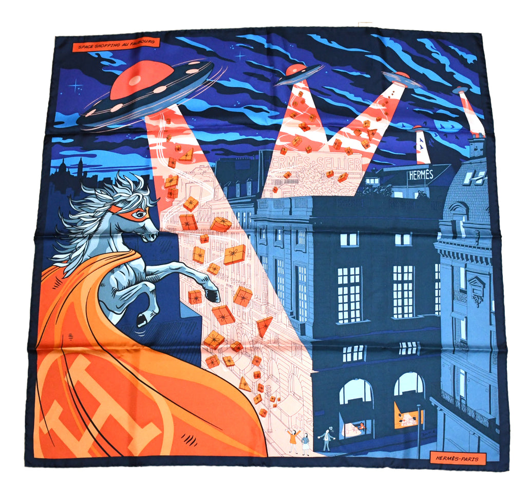 Hermes Scarf Space Shopping au Faubourg 90 cm silk orange Carre horse UFO 35"