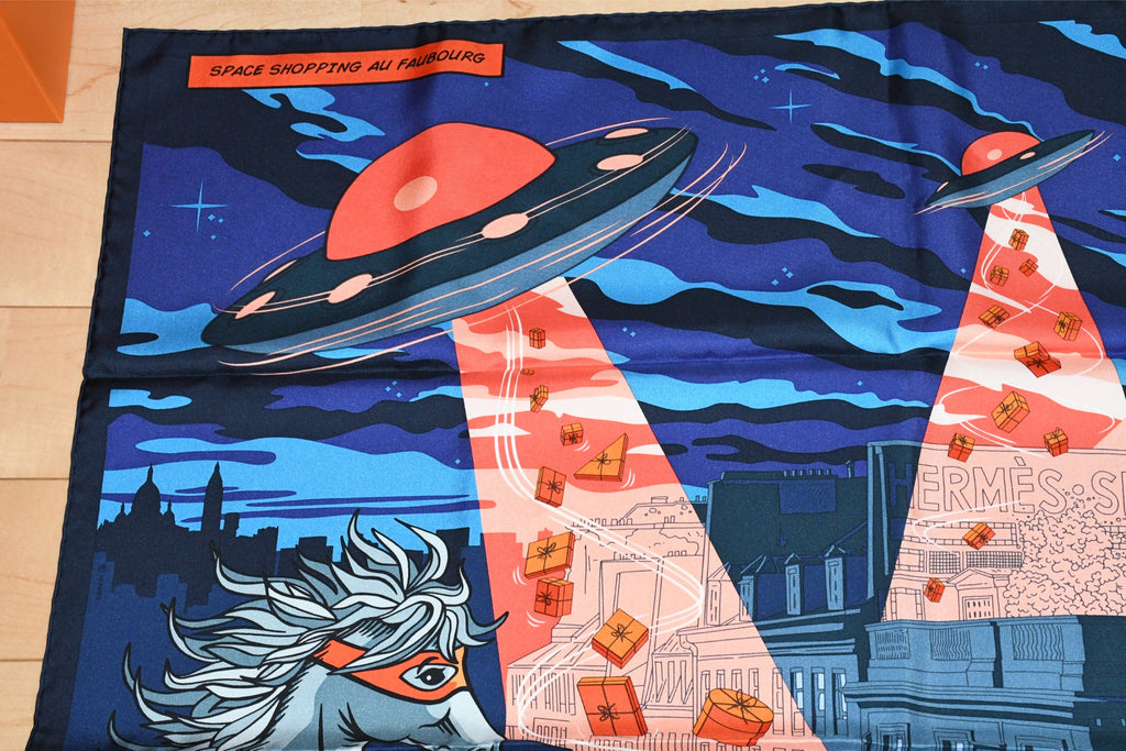 Hermes Scarf Space Shopping au Faubourg 90 cm silk orange Carre horse UFO 35"