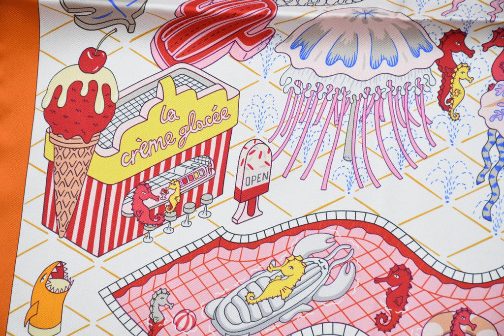 Hermes Scarf Splash Park 90 cm silk orange Carre water fish sea 35"