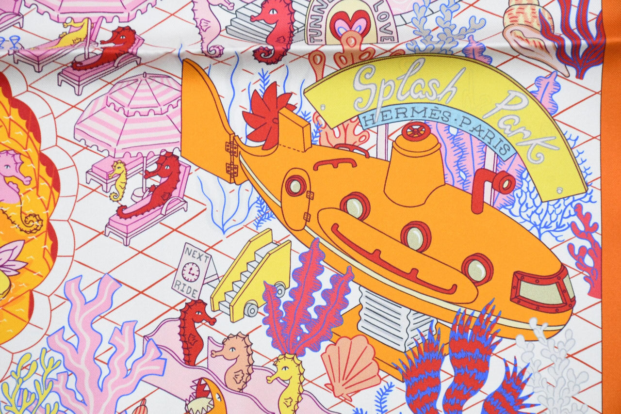 Hermes Scarf Splash Park 90 cm silk orange Carre water fish sea 35"