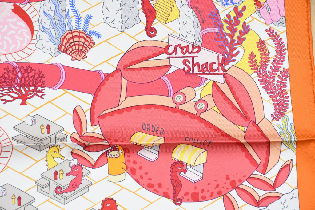 Hermes Scarf Splash Park 90 cm silk orange Carre water fish sea 35"