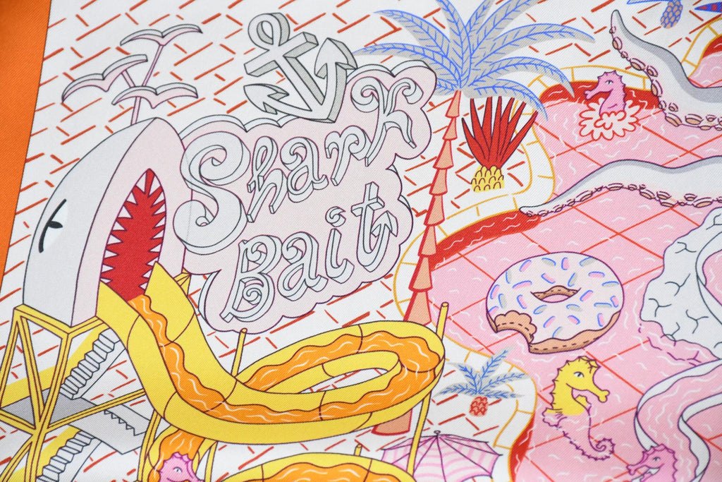 Hermes Scarf Splash Park 90 cm silk orange Carre water fish sea 35"