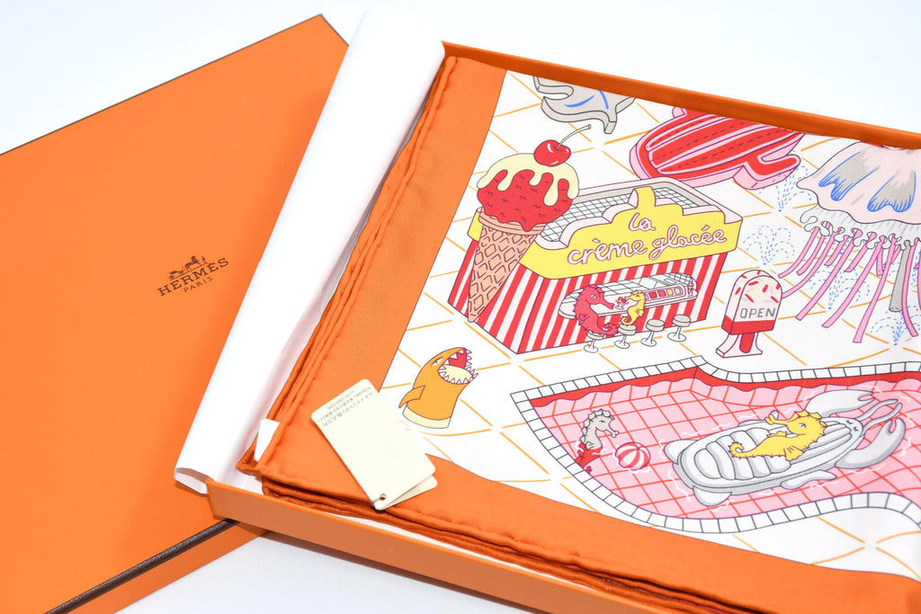Hermes Scarf Splash Park 90 cm silk orange Carre water fish sea 35"