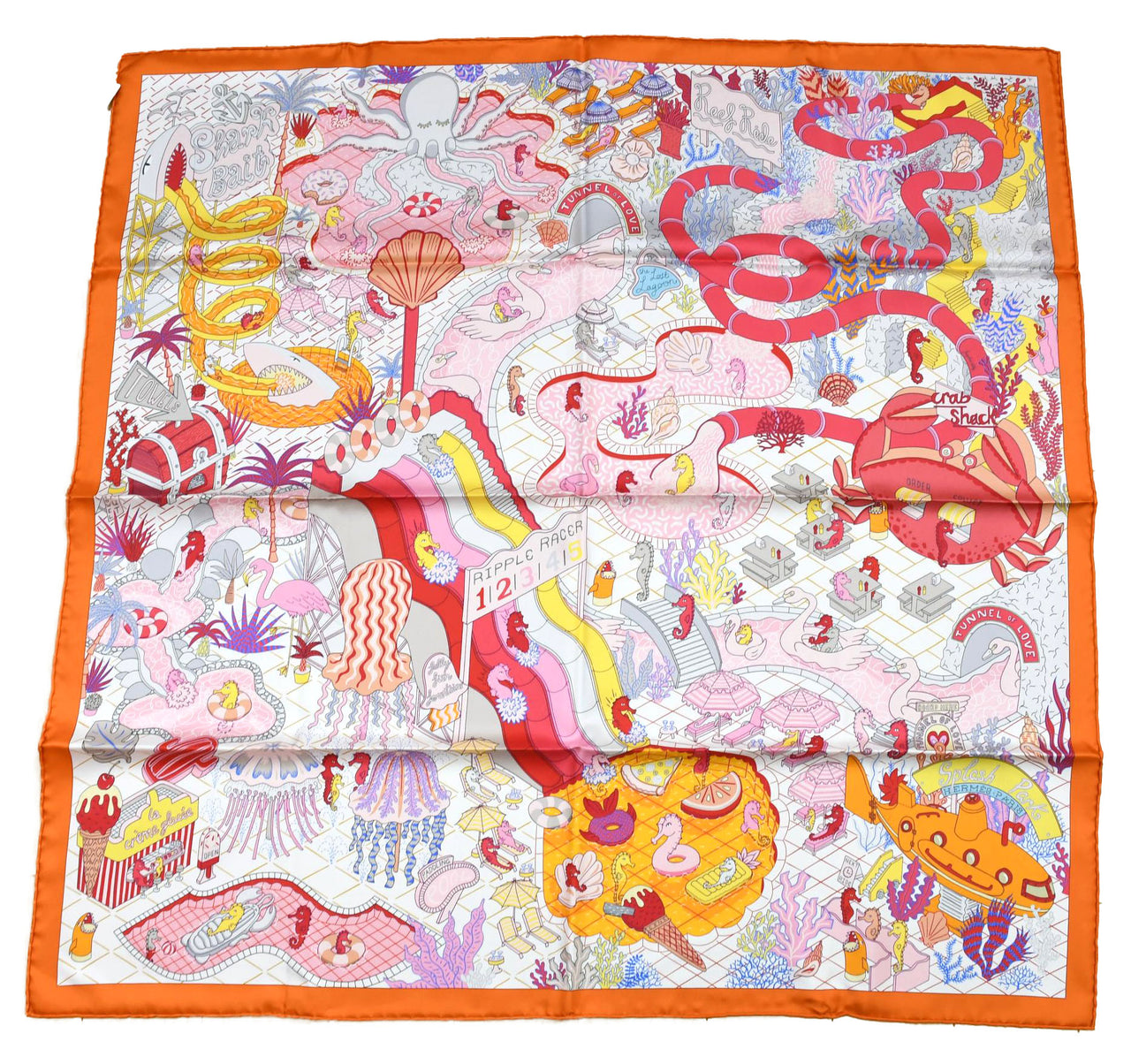 Hermes Scarf Splash Park 90 cm silk orange Carre water fish sea 35"