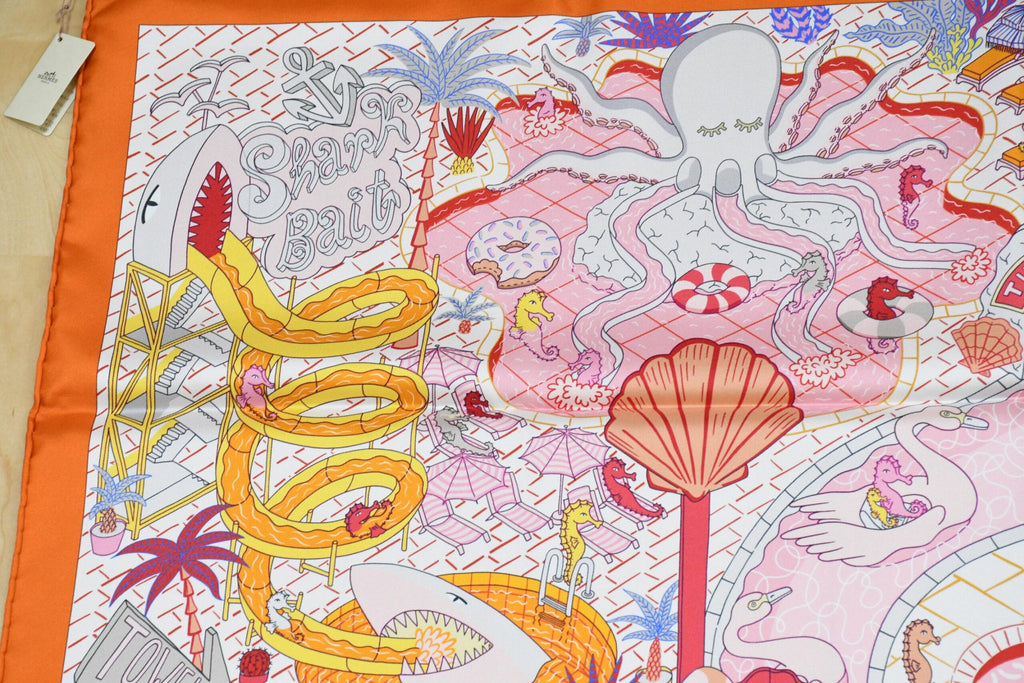 Hermes Scarf Splash Park 90 cm silk orange Carre water fish sea 35"