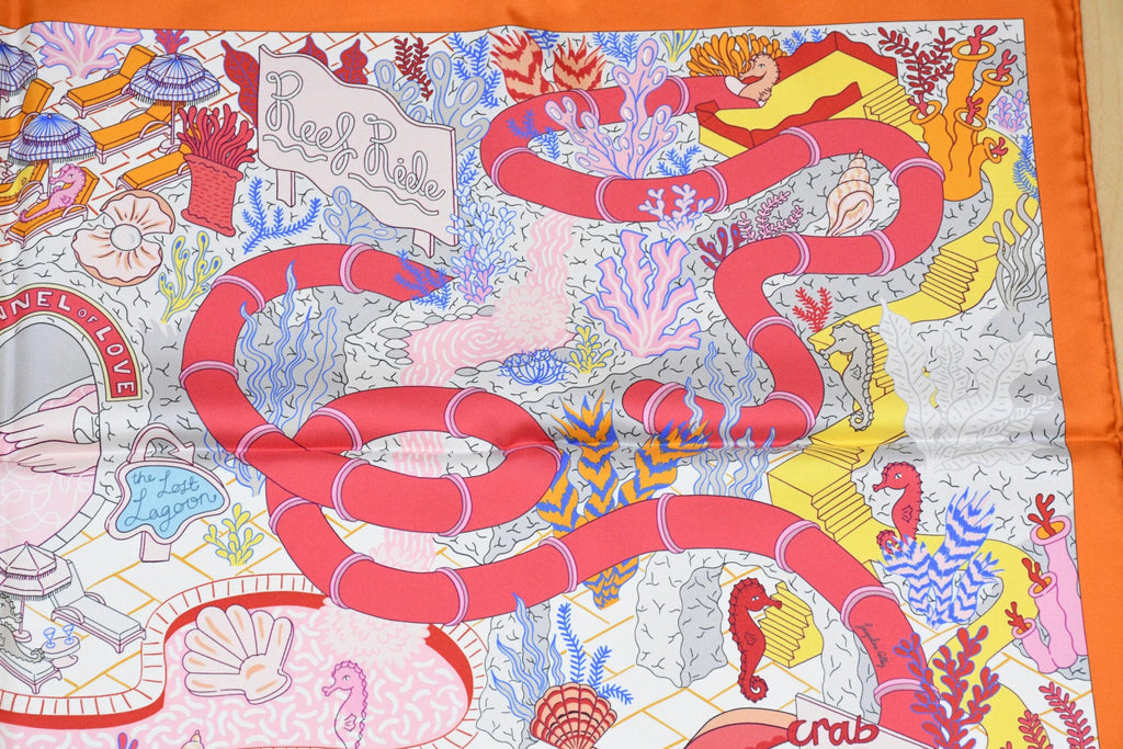 Hermes Scarf Splash Park 90 cm silk orange Carre water fish sea 35"