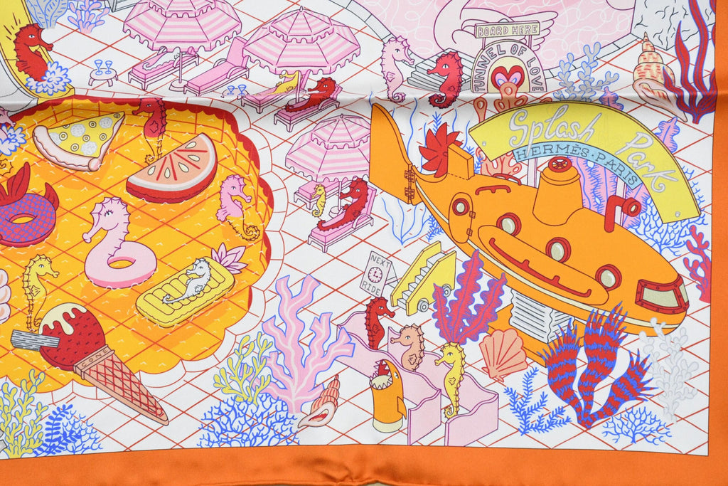 Hermes Scarf Splash Park 90 cm silk orange Carre water fish sea 35"