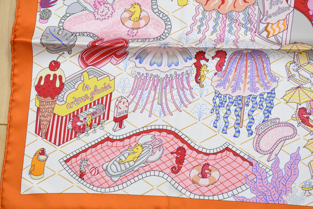 Hermes Scarf Splash Park 90 cm silk orange Carre water fish sea 35"