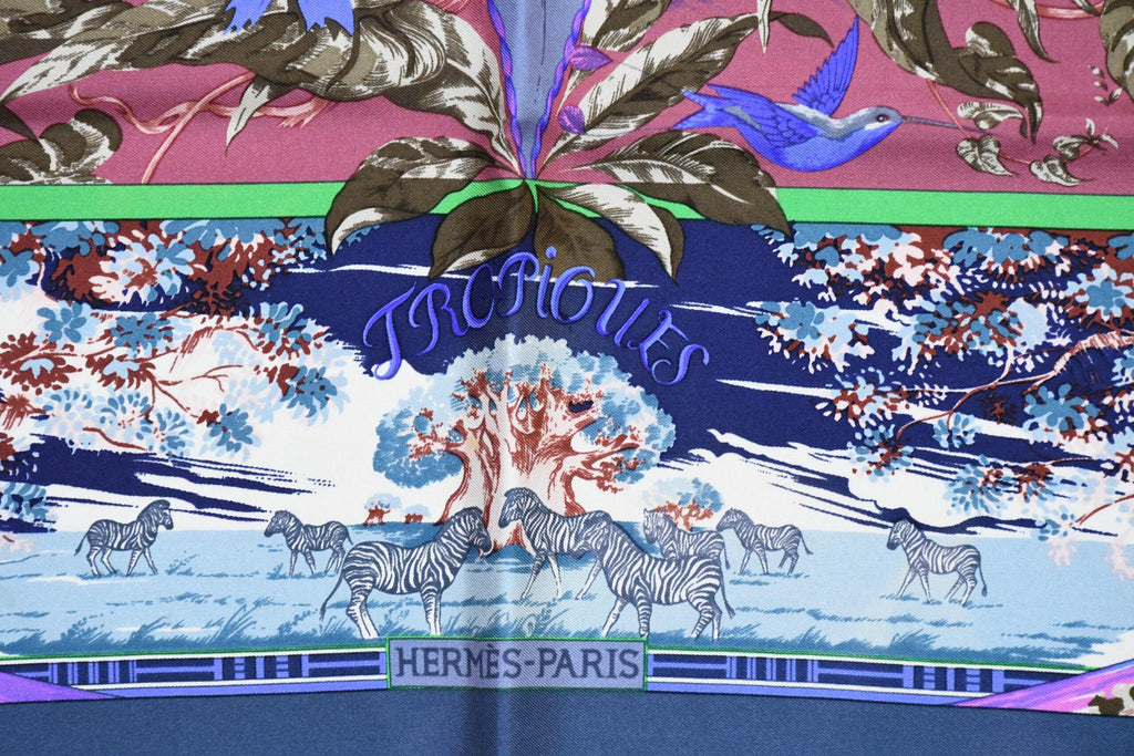 Hermes Scarf TROPIQUES 90 cm silk blue gray purple Carre bird tree 35"