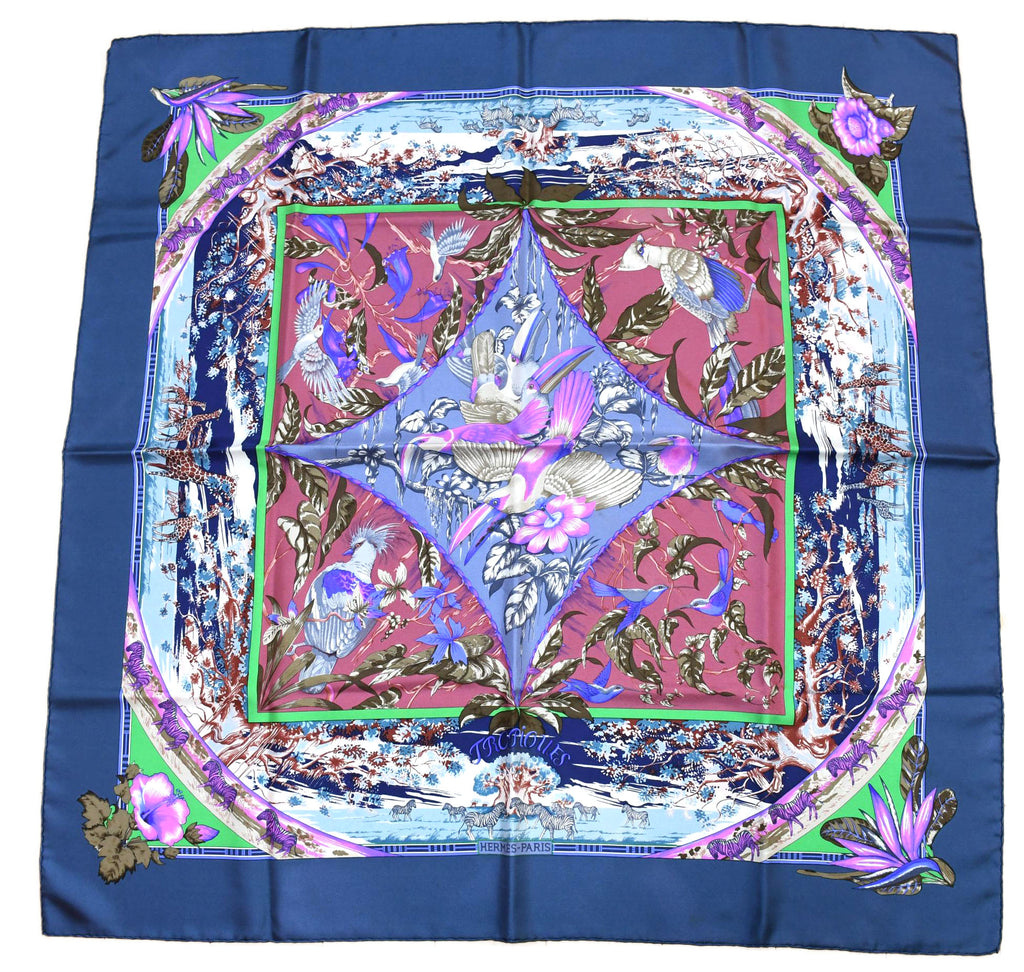 Hermes Scarf TROPIQUES 90 cm silk blue gray purple Carre bird tree 35"