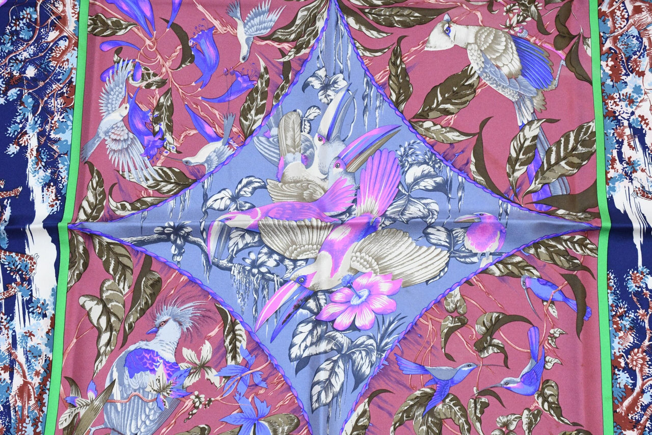 Hermes Scarf TROPIQUES 90 cm silk blue gray purple Carre bird tree 35"