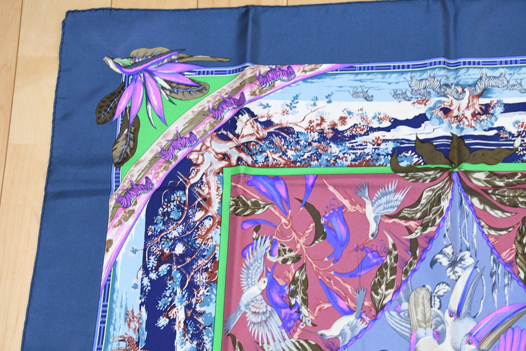 Hermes Scarf TROPIQUES 90 cm silk blue gray purple Carre bird tree 35"