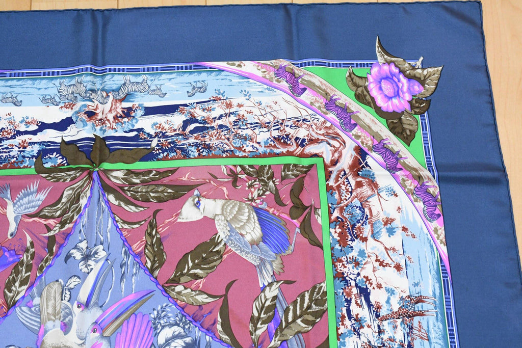 Hermes Scarf TROPIQUES 90 cm silk blue gray purple Carre bird tree 35"