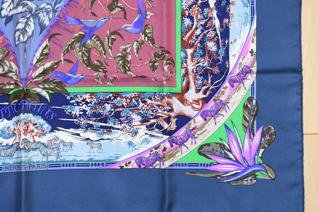 Hermes Scarf TROPIQUES 90 cm silk blue gray purple Carre bird tree 35"