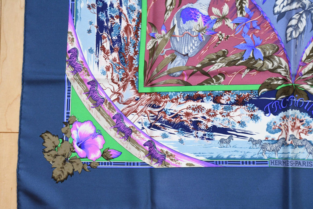 Hermes Scarf TROPIQUES 90 cm silk blue gray purple Carre bird tree 35"