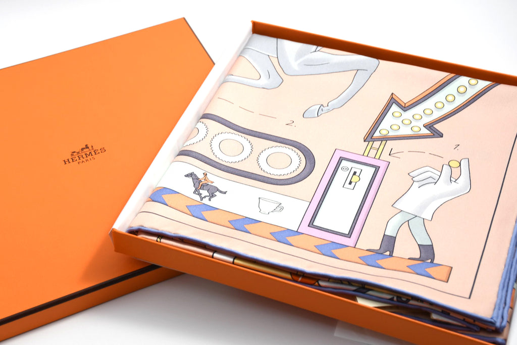 Hermes Scarf Tea for Two 90 cm silk light pink beige Carre horse cat 35"