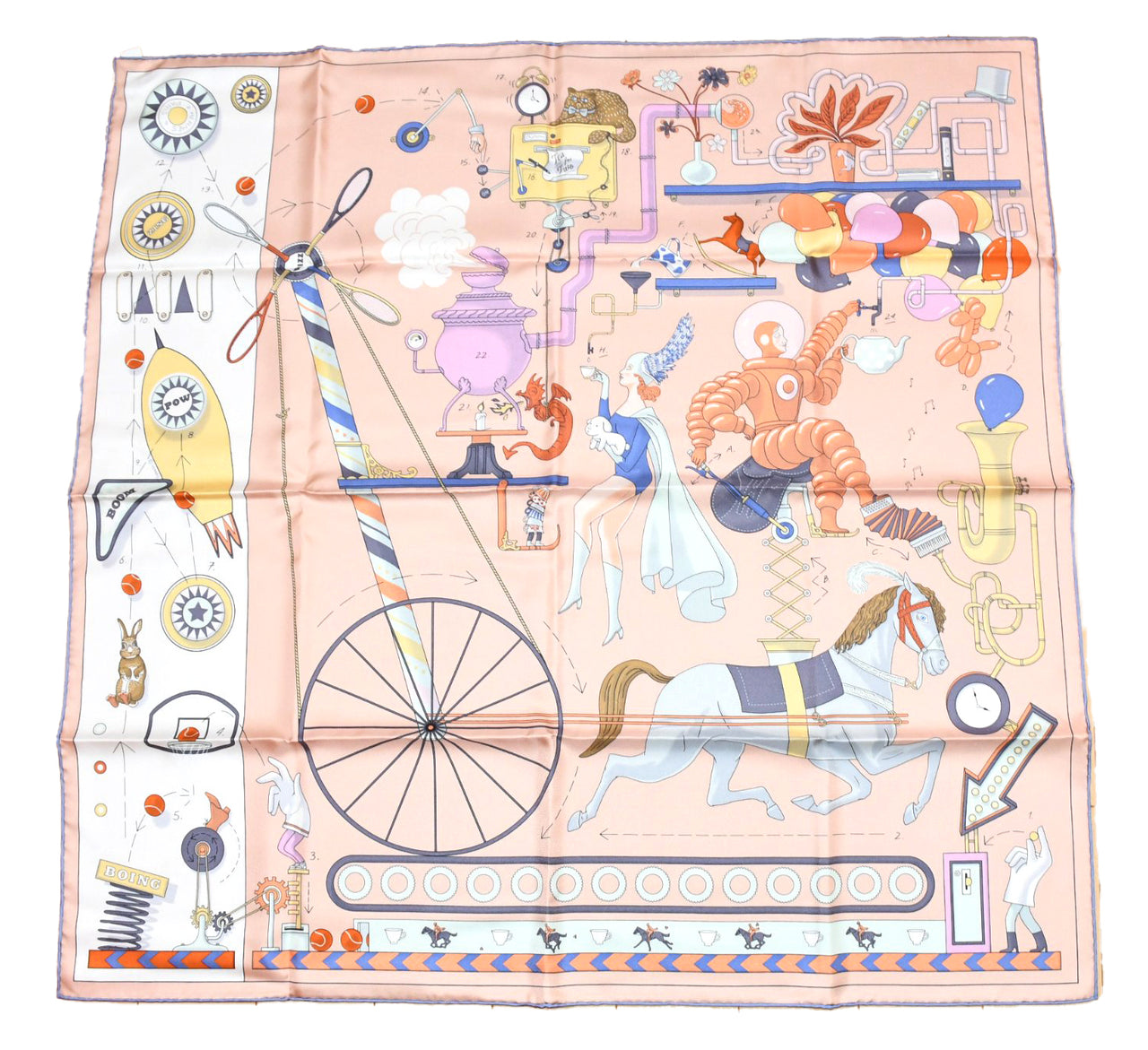 Hermes Scarf Tea for Two 90 cm silk light pink beige Carre horse cat 35"