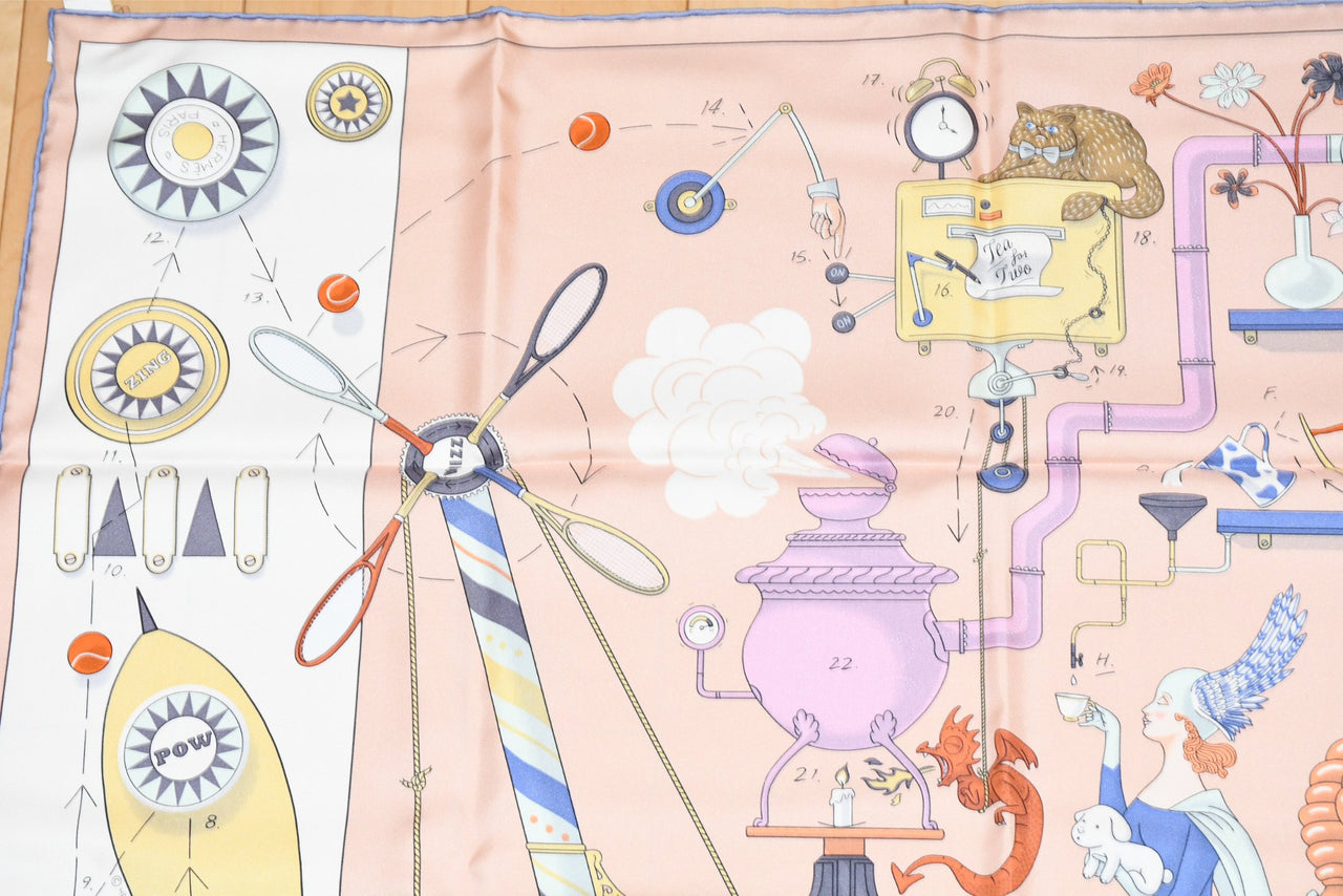 Hermes Scarf Tea for Two 90 cm silk light pink beige Carre horse cat 35"