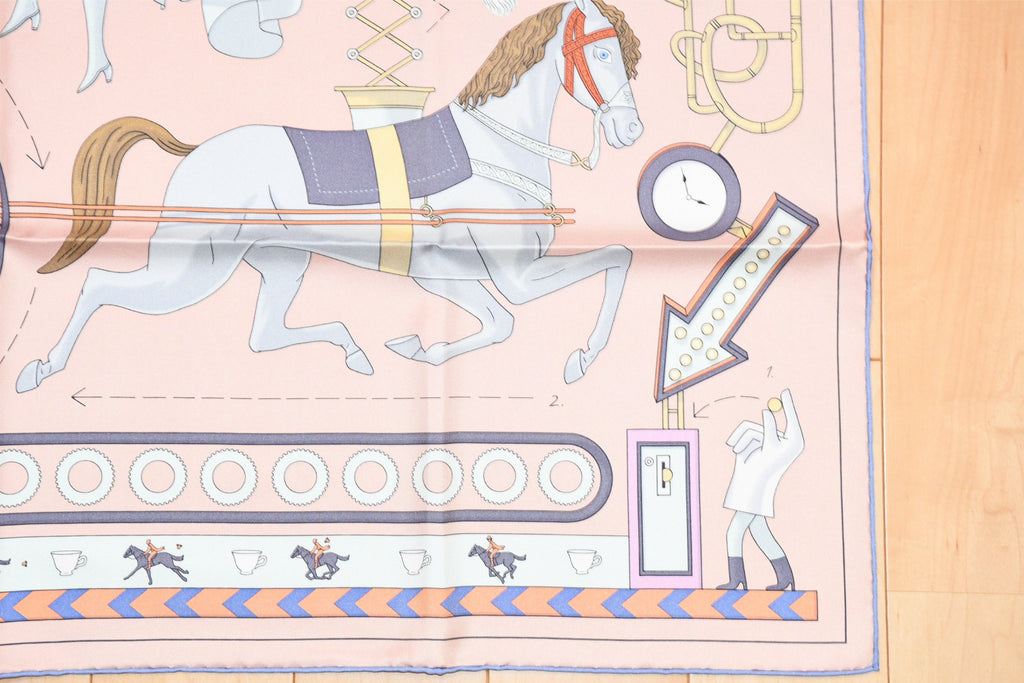 Hermes Scarf Tea for Two 90 cm silk light pink beige Carre horse cat 35"