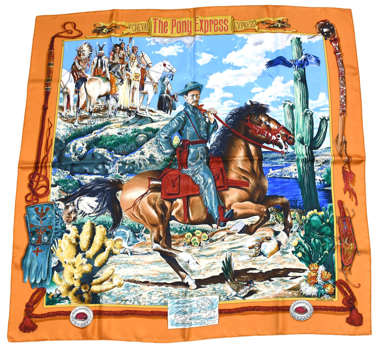 Hermes Scarf The Pony Express by Kermit Oliver 90 cm silk brown camel Carre AP06