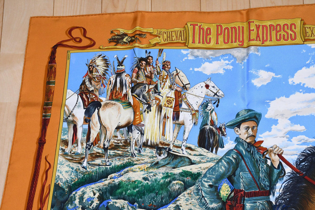 Hermes Scarf The Pony Express by Kermit Oliver 90 cm silk brown camel Carre AP06