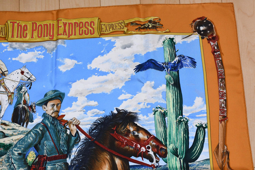 Hermes Scarf The Pony Express by Kermit Oliver 90 cm silk brown camel Carre AP06