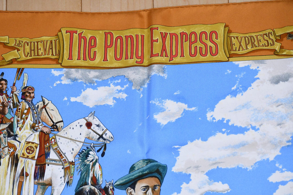Hermes Scarf The Pony Express by Kermit Oliver 90 cm silk brown camel Carre AP06