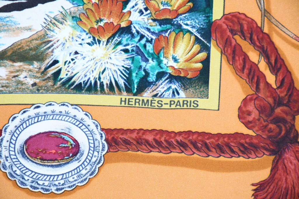 Hermes Scarf The Pony Express by Kermit Oliver 90 cm silk brown camel Carre AP06