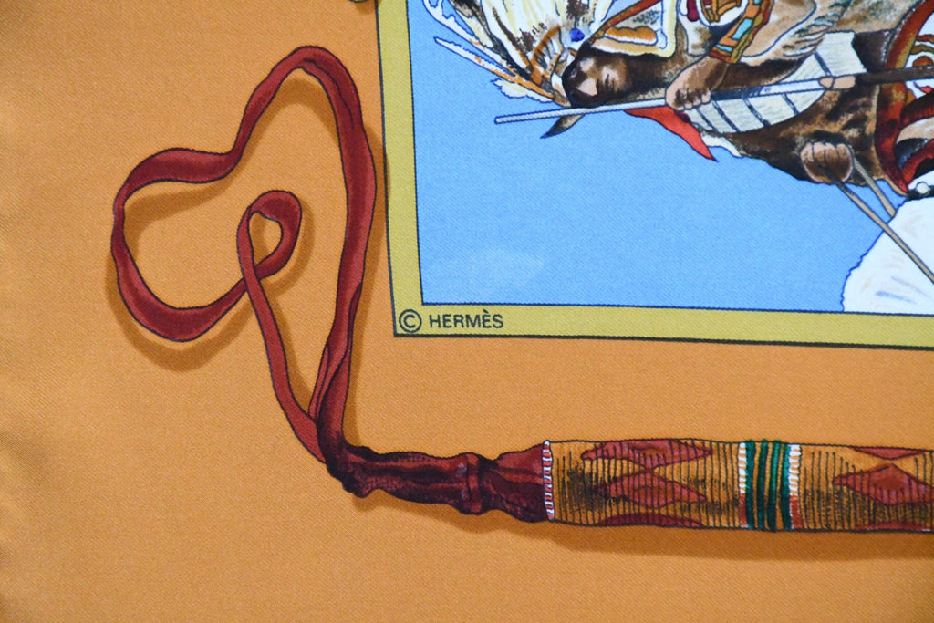 Hermes Scarf The Pony Express by Kermit Oliver 90 cm silk brown camel Carre AP06