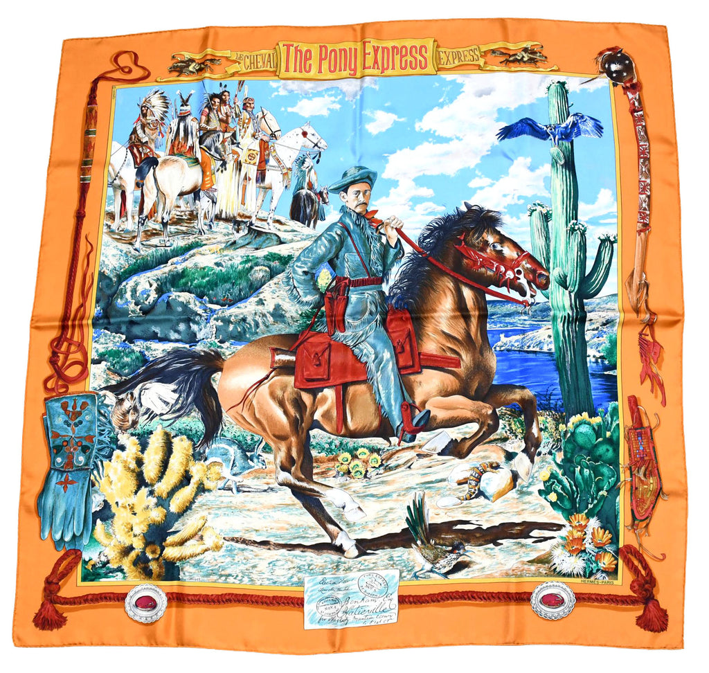 Hermes Scarf The Pony Express by Kermit Oliver 90 cm silk brown camel Carre AP06