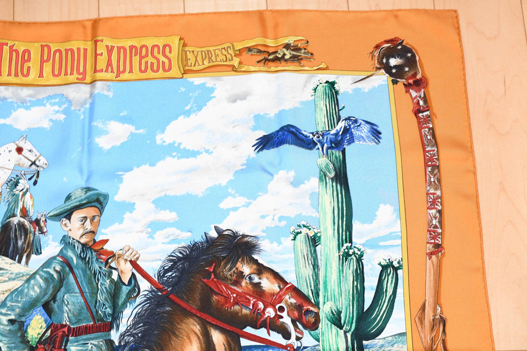 Hermes Scarf The Pony Express by Kermit Oliver 90 cm silk brown camel Carre AP06