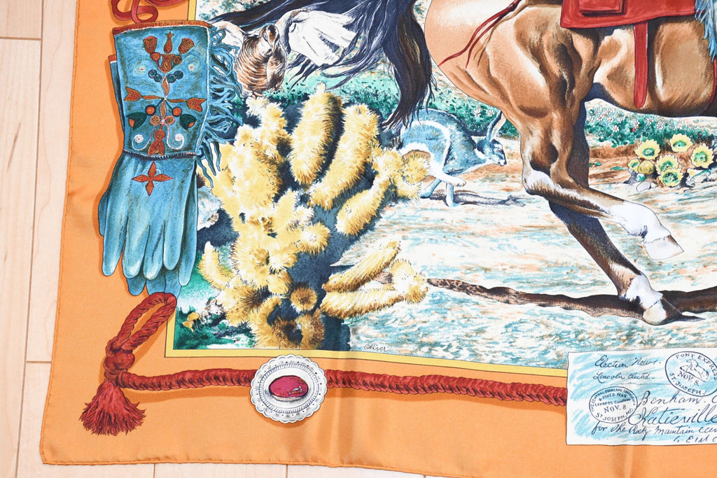 Hermes Scarf The Pony Express by Kermit Oliver 90 cm silk brown camel Carre AP06