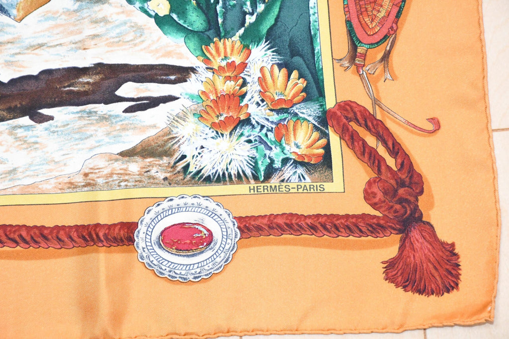 Hermes Scarf The Pony Express by Kermit Oliver 90 cm silk brown camel Carre A041