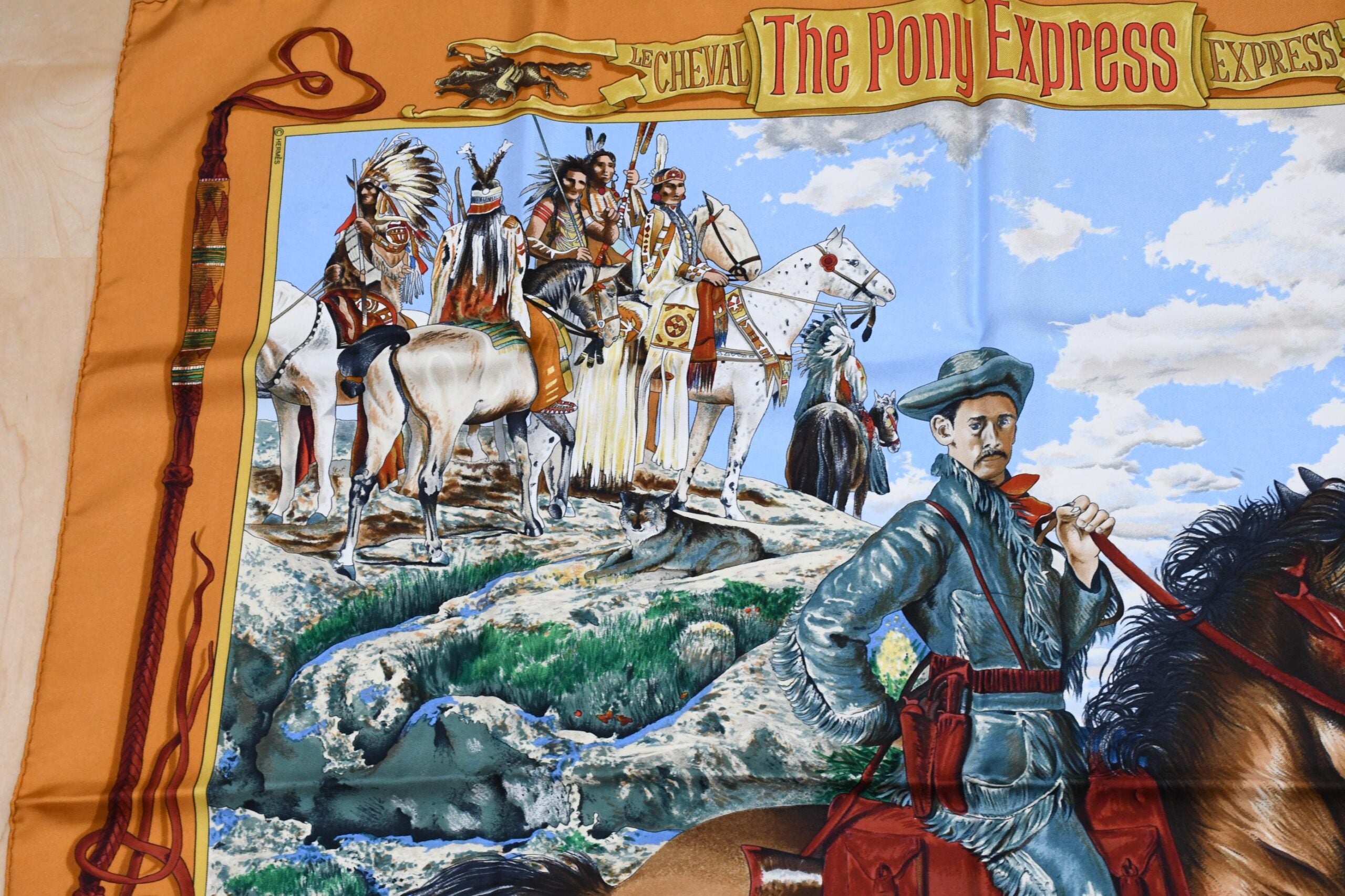 Hermes Scarf The Pony Express by Kermit Oliver 90 cm silk brown