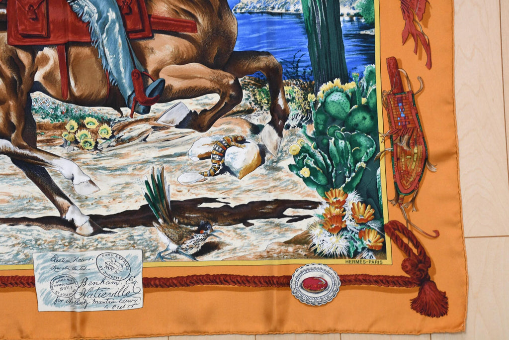 Hermes Scarf The Pony Express by Kermit Oliver 90 cm silk brown camel Carre A041