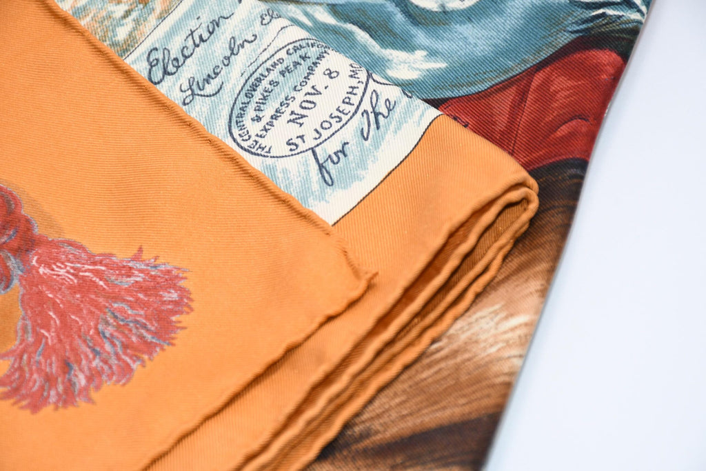 Hermes Scarf The Pony Express by Kermit Oliver 90 cm silk brown camel Carre A041