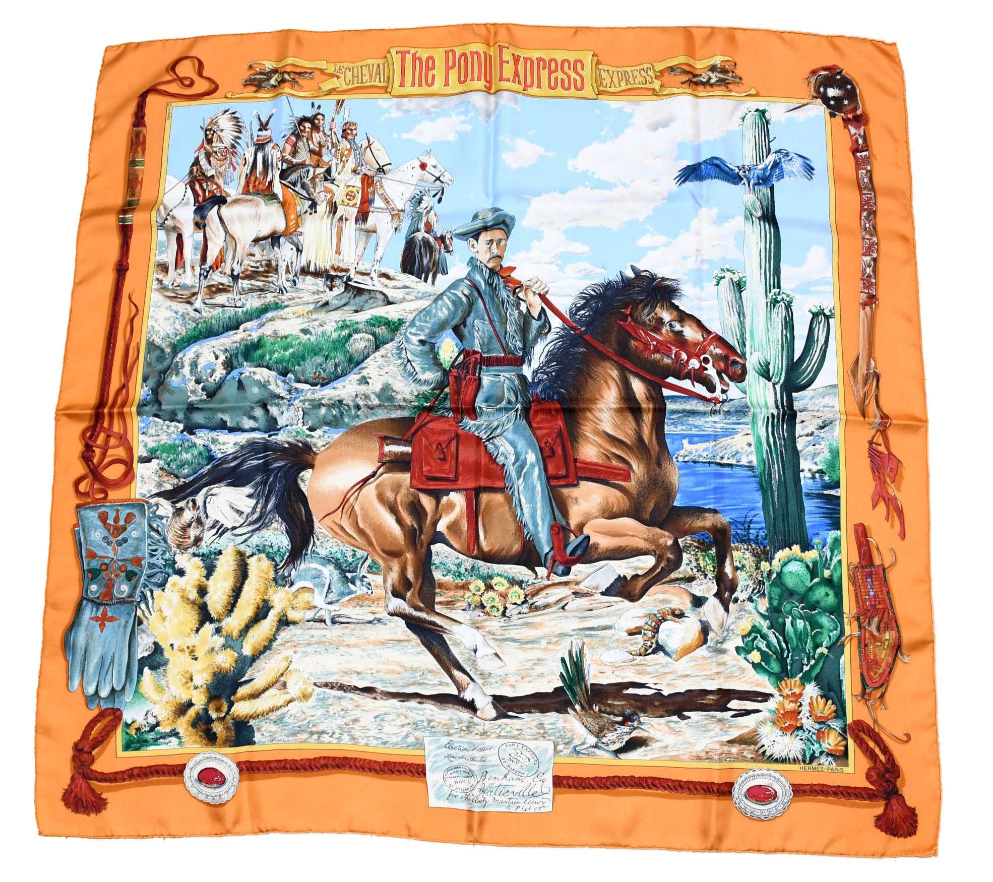 Hermes Scarf The Pony Express by Kermit Oliver 90 cm silk brown