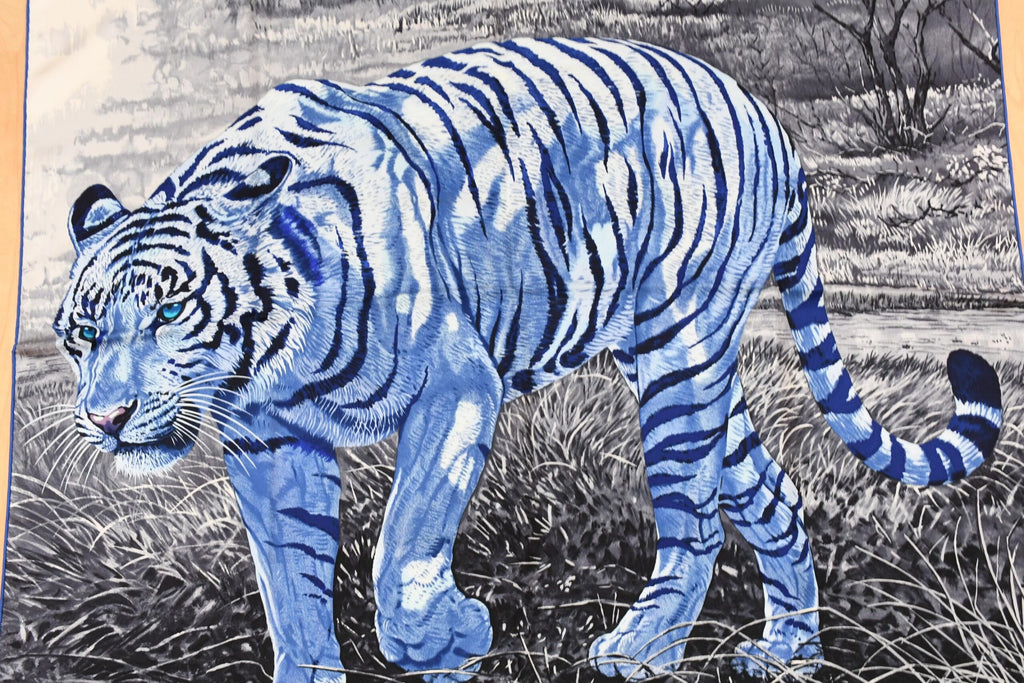Hermes Scarf Tigre du Bengale 90 cm silk blue Carre Bengal tiger animal 35"