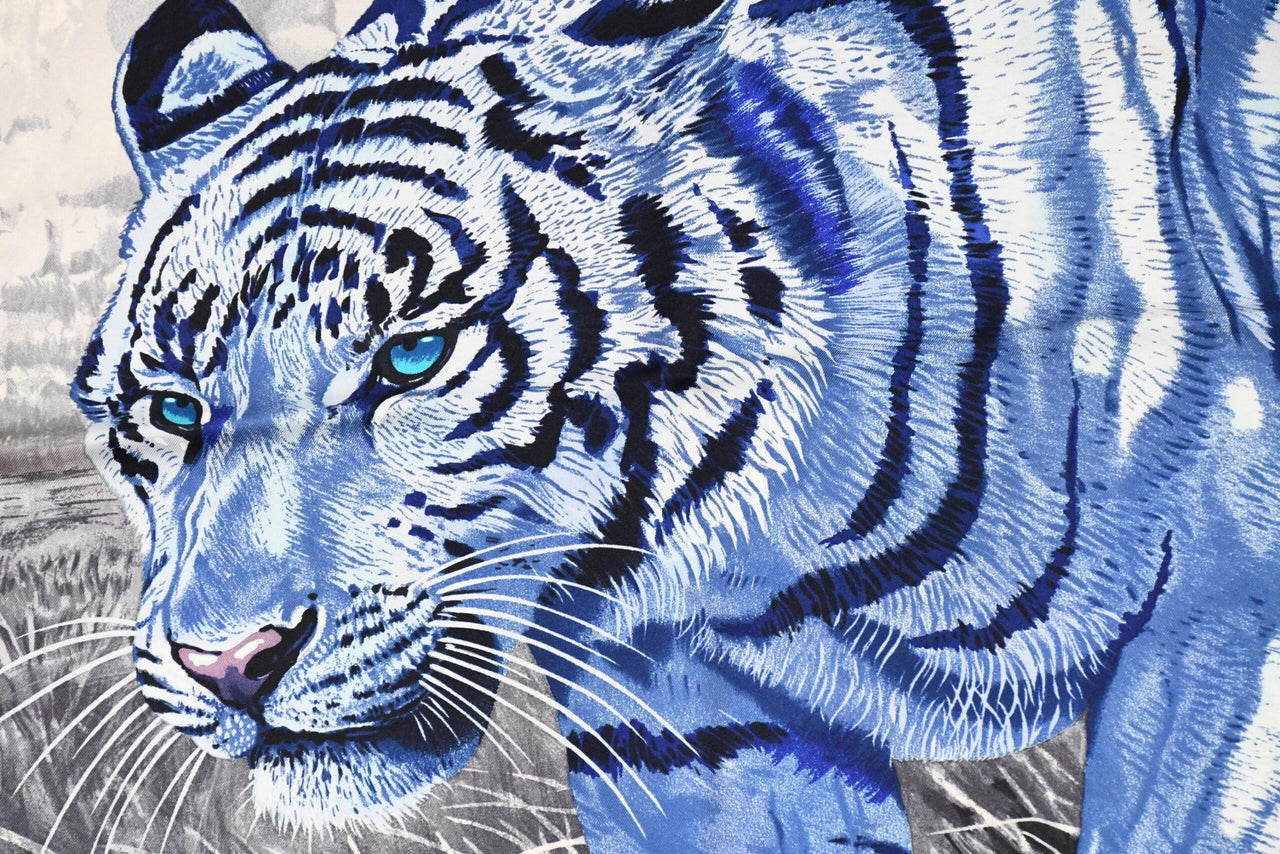 Hermes Scarf Tigre du Bengale 90 cm silk blue Carre Bengal tiger animal 35"