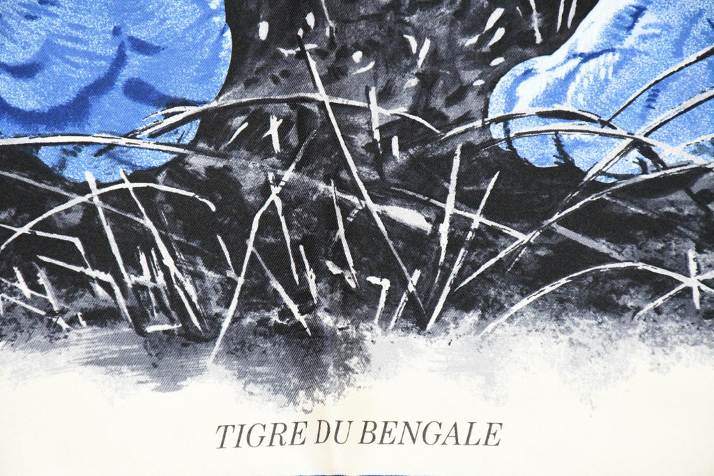 Hermes Scarf Tigre du Bengale 90 cm silk blue Carre Bengal tiger animal 35"