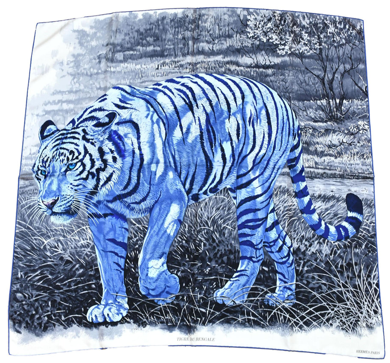 Hermes Scarf Tigre du Bengale 90 cm silk blue Carre Bengal tiger animal 35"