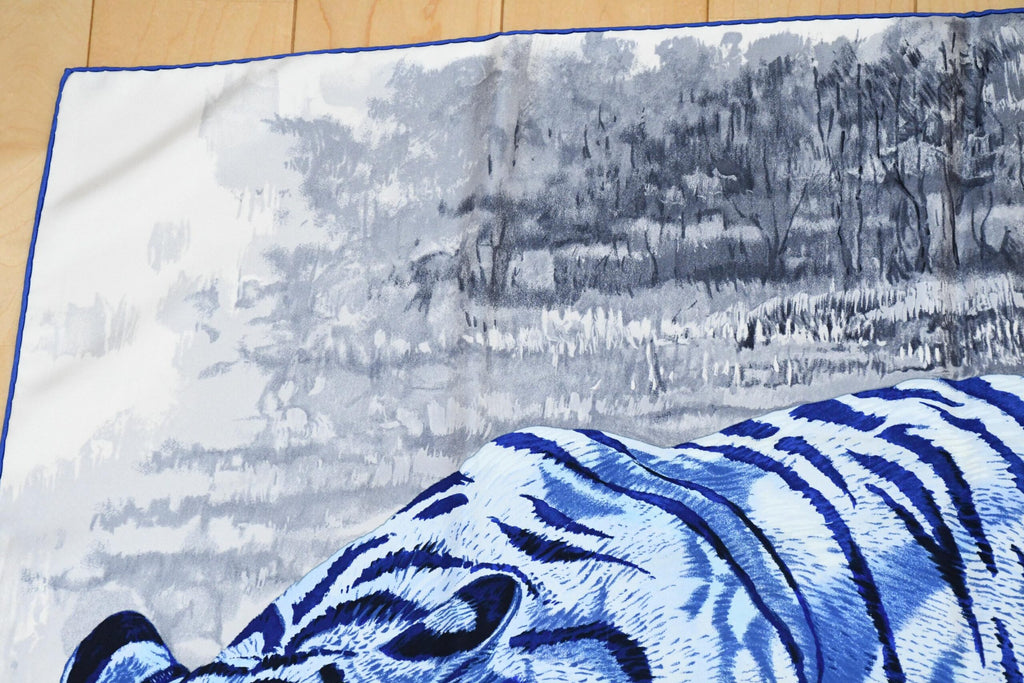 Hermes Scarf Tigre du Bengale 90 cm silk blue Carre Bengal tiger animal 35"