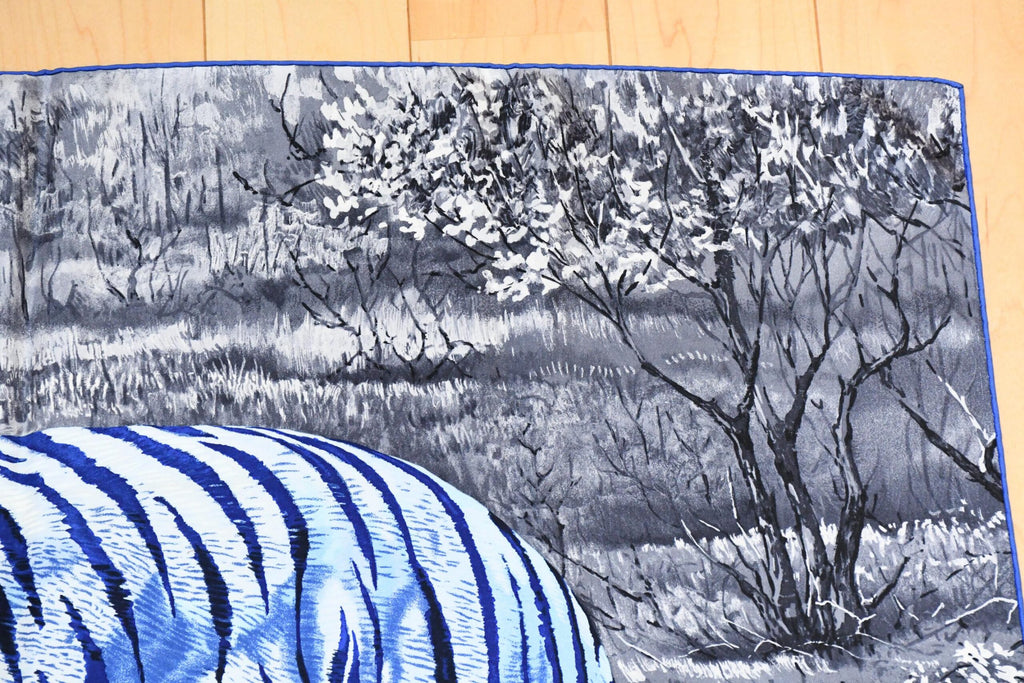 Hermes Scarf Tigre du Bengale 90 cm silk blue Carre Bengal tiger animal 35"
