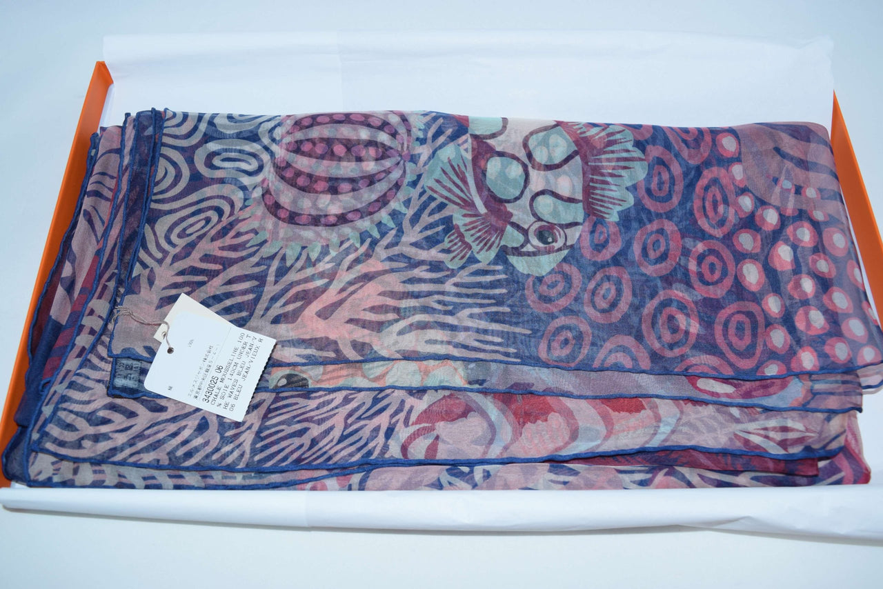 Hermes Scarf Under The Waves 140 cm Chiffon Silk muslin Blue orange Shawl stole