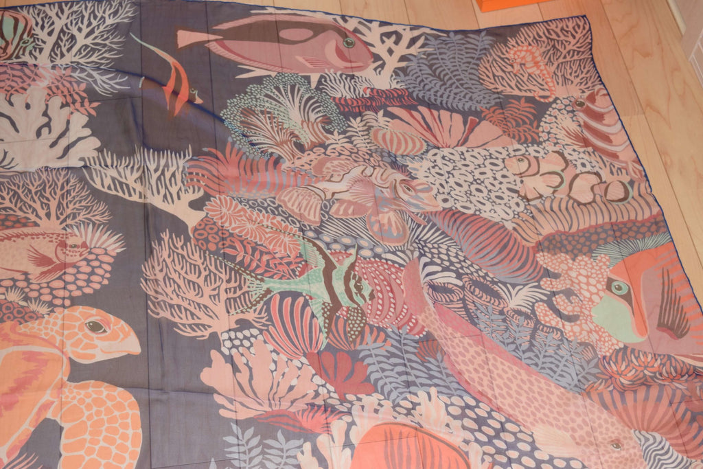 Hermes Scarf Under The Waves 140 cm Chiffon Silk muslin Blue orange Shawl stole