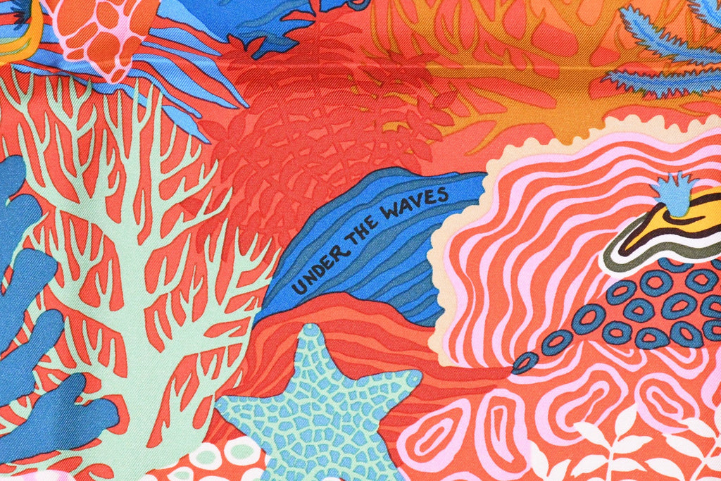 Hermes Scarf Under The Waves 90 cm Silk orange Carre sea turtle 35"