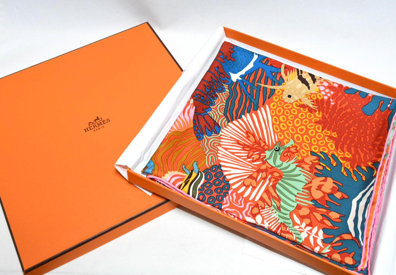 Hermes Scarf Under The Waves 90 cm Silk orange Carre sea turtle 35"