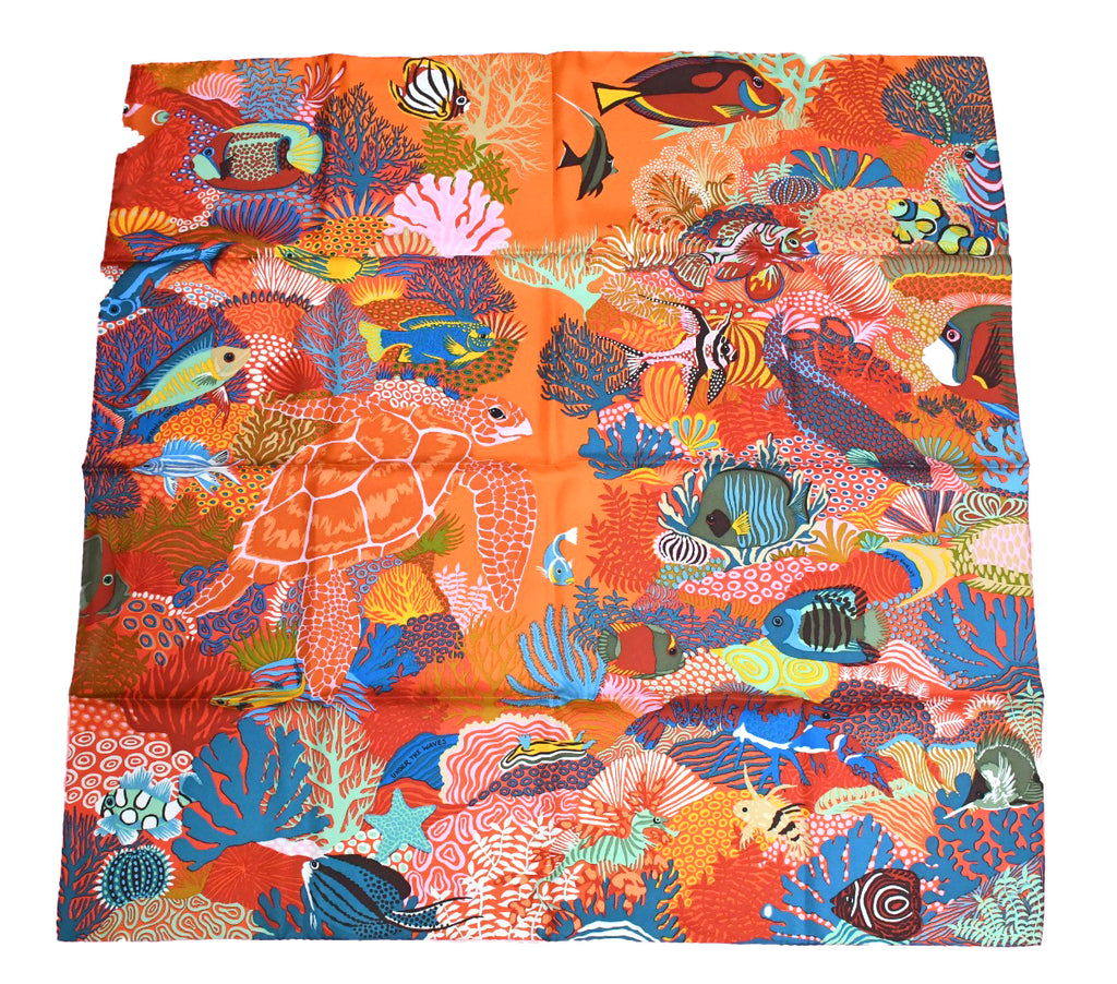 Hermes Scarf Under The Waves 90 cm Silk orange Carre sea turtle 35"