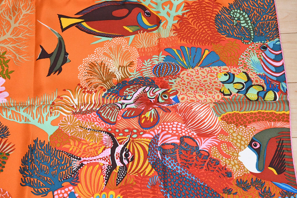 Hermes Scarf Under The Waves 90 cm Silk orange Carre sea turtle 35"
