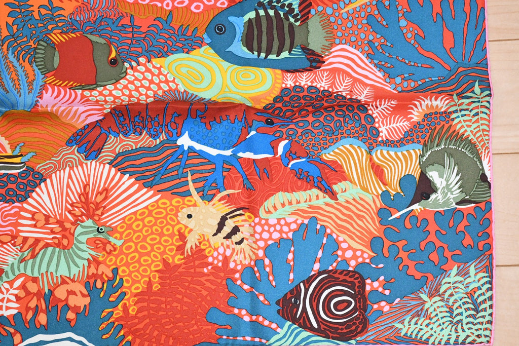 Hermes Scarf Under The Waves 90 cm Silk orange Carre sea turtle 35"